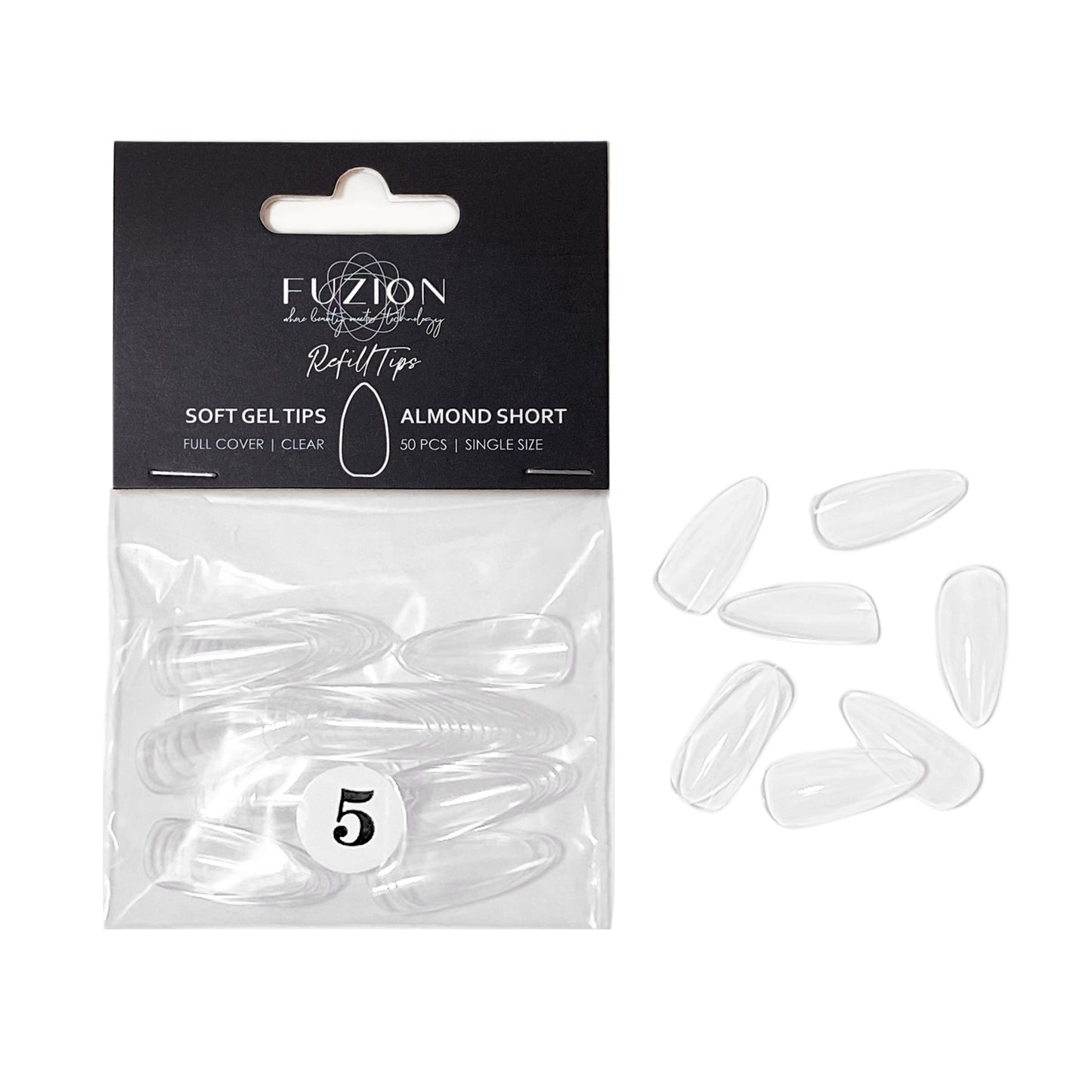 
                  
                    Soft Gel Tips ~ Almond Short Clear Sizes 0-11 | Fuzion Gel 50pk
                  
                