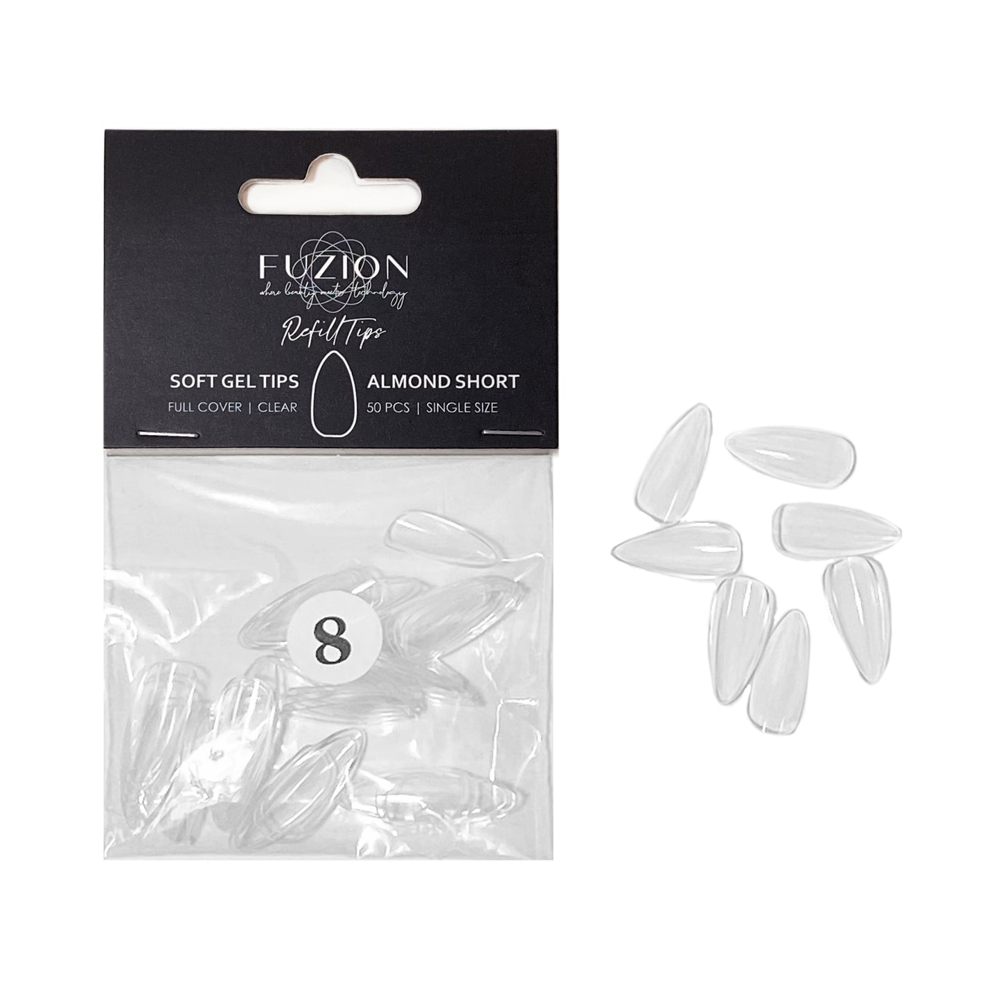 
                  
                    Soft Gel Tips ~ Almond Short Clear Sizes 0-11 | Fuzion Gel 50pk
                  
                