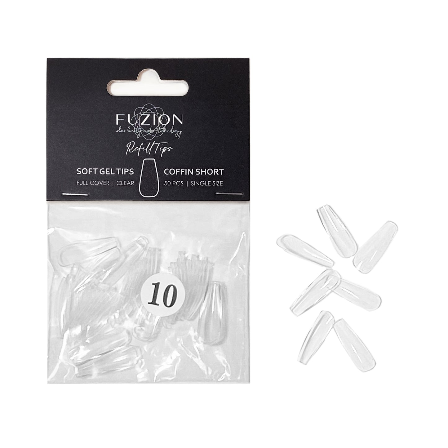 
                  
                    Soft Gel Tips ~ Coffin Short Clear -Sizes 0-11 | Fuzion Gel 50pk
                  
                